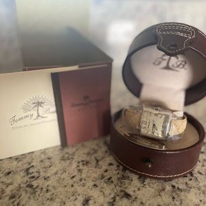 NIB Tommy Bahama Sterling Liver Watch with Tan Woven Leather Band